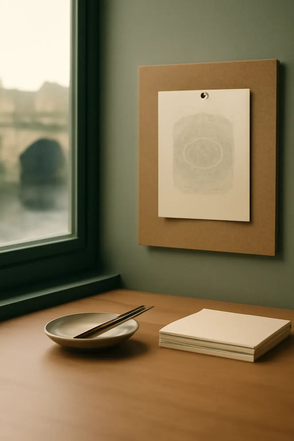 A quiet studio desk with a pinned guilloche proof sheet and a dip pen