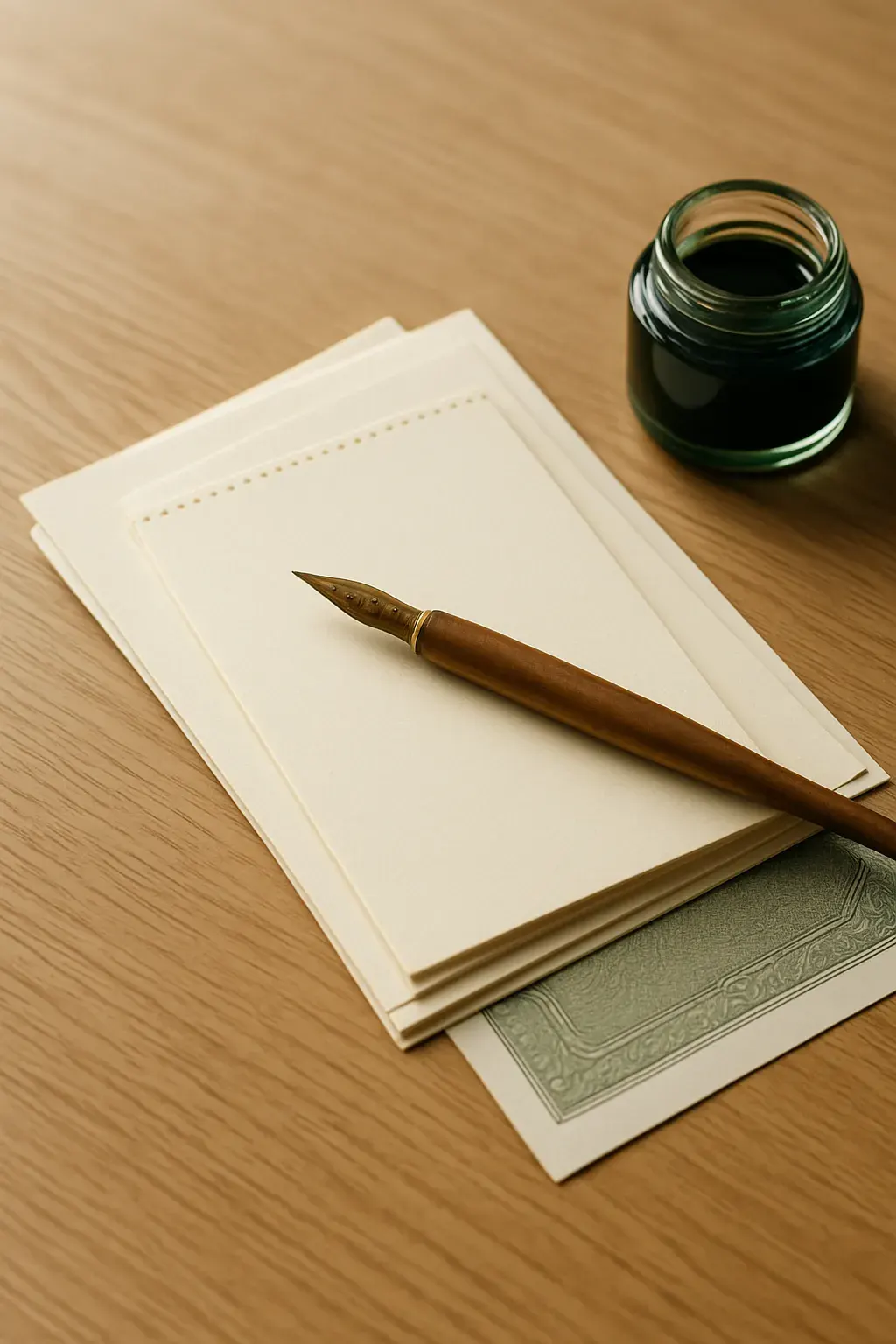A stack of blank cream cardstock price-stub cards with a brass-nibbed pen, on a studio worktable